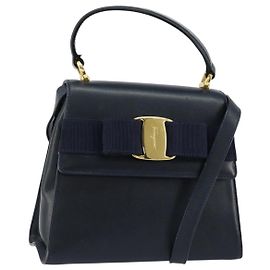 Borsa a mano in pelle Vala Ribbon di Salvatore Ferragamo 2 in 1 Blu Navy Oro Auth 152145