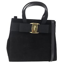 Borsa a Mano Vala in Camoscio Salvatore Ferragamo 2 in 1 Nero Oro Auth 147079