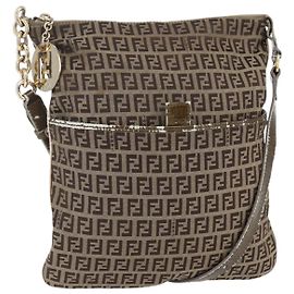 Borsa a Spalla in Tela Zucchino FENDI Beige Oro Auth 152382