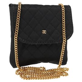 CHANEL Borsa a Spalla Matelassé Catena Satin Nero Oro CC Auth ki6158