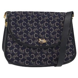 BORSO A SPALLA CÉLINE C SULKY CARRIAGE IN CANVAS E PELLE BLU NAVY ORO AUTH 153832