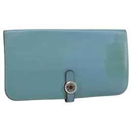 HERMES Dogon Lange Geldbörse Leder Hellblau Silber Auth am9479 - Hermès