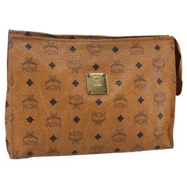 MCM Logogram Vicetos Clutch Bag in PVC Pelle Marrone Oro Auth BA7355