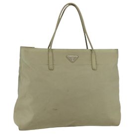 PRADA Tote Bag Nylon Beige Silver Auth 151519