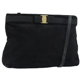 Salvatore Ferragamo Vala Shoulder Bag Suede Black Gold Auth bs31358