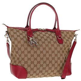 GUCCI GG Canvas Herz Bit Tote Bag 2-Wege Beige Rot Auth ki5996V