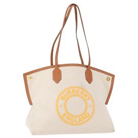 BURBERRY Tote Bag Canvas Leather White Gold Auth BA7702