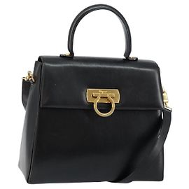 Gancini Handtasche aus Leder Salvatore Ferragamo 2 in 1 Schwarz Gold Auth 147387