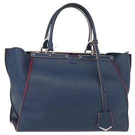 FENDI Trois Jules Borsa a Mano in Pelle Blu Navy Argento Auth 152694