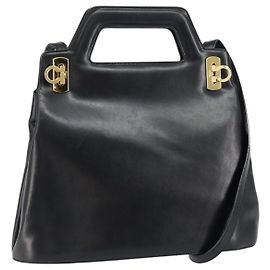 Salvatore Ferragamo Gancini Hand Bag Leather 2way Black Gold Auth 155316