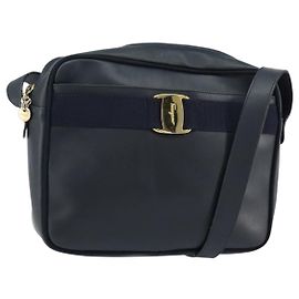 Borsa a Spalla Salvatore Ferragamo Vala in Pelle Blu Navy Oro Auth 155315