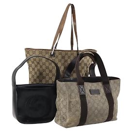 GUCCI GG Canvas Schultertasche Leder 3 Set Beige Schwarz Auth 150481