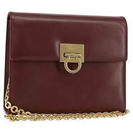 Bolsa de ombro em couro Gancini Chain da Salvatore Ferragamo Bordeaux Ouro Auth gh1253