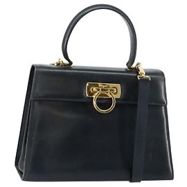 Borsa a mano in pelle Gancini Salvatore Ferragamo 2 in 1 Blu Navy Oro Auth 147081