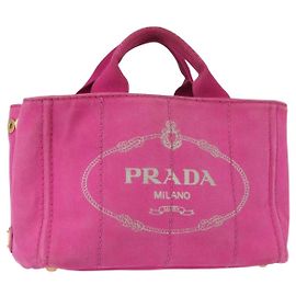 PRADA Borsa a Mano Canapa PM in Tela Rosa Oro Auth ka913