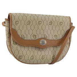Christian Dior Borsa a spalla in tela a nido d'ape PVC beige oro Auth ka446