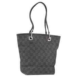 Bolsa Tote GG em Lona Gucci Preto Prata 31244 Auth 151644