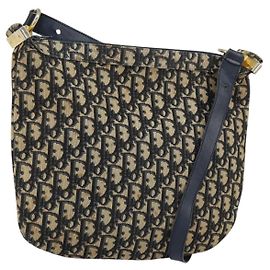 Borsa a Spalla in Tela Trotter Christian Dior Blu Navy Oro Auth 155297