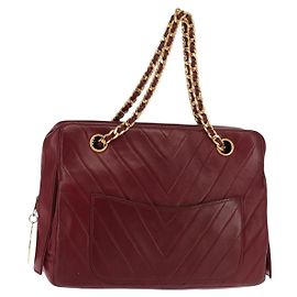 BALLY V Stitch Catena Borsa a Mano in Pelle di Agnello Bordeaux Oro Auth bs29487