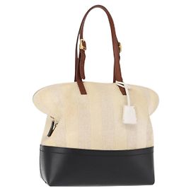 FENDI Pecan Canvas Tote Bag Canvas Leder Beige Schwarz Gold Auth bs29810