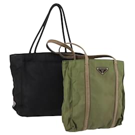 PRADA Tote Bag Nylon 2Set Khaki Black Auth 143394