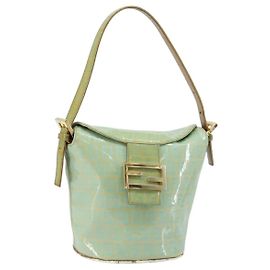 FENDI Zucchino Canvas Mamma Baguette Tasche Emaille Pfefferminz Gold Auth 147538