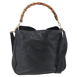 Bolso de Hombro de Cuero Gucci Bamboo 2way Negro Dorado 001 3444 1638 Auth 148001