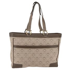 Bolsa Tote Gancini em couro e lona bege dourado Auth BA5709 da Salvatore Ferragamo