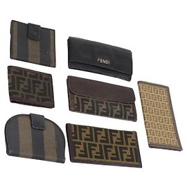 Portafoglio in tela Zucca FENDI in pelle 7Set Nero Marrone Auth bs30186