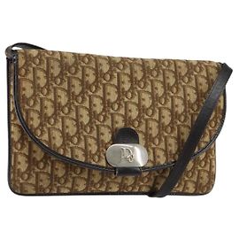 Borsa a Spalla in Tela Trotter Christian Dior Beige Oro Auth 155229