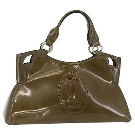 CARTIER Borsa a Mano Pelle Verniciata Khaki Argento Auth 151787