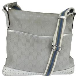 GUCCI GG Canvas Sherry Line Shoulder Bag Gray Silver 145857 Auth 150515