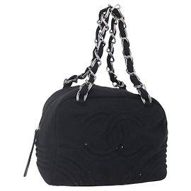 CHANEL COCO Borsa a mano in cotone argento nero CC Auth 150550