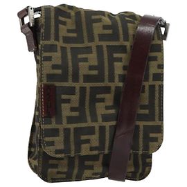 Borsa a Spalla in Tela Zucca FENDI Nera e Marrone Auth gh1238