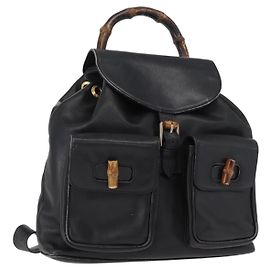 Mochila de Couro Gucci Bamboo Preta Dourada 003 2058 0016 Auth ep11837