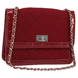 CHANEL 2.55 Matelassé Schultertasche mit Kette Emaille Rot Silber CC Auth bs30717