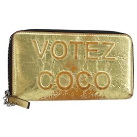CHANEL Langer Geldbeutel Leder Gold Silber CC Auth 149215
