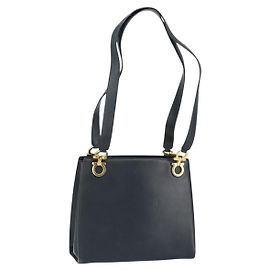 Borsa Tote Gancini in pelle Salvatore Ferragamo blu navy oro Auth 146978
