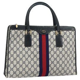 Borsa a mano Gucci GG Supreme Sherry Line PVC Navy Gold Auth 153814