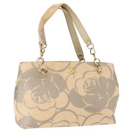 CHANEL Bolsa Tote Camélia Palha Bege Ouro CC Auth 157274