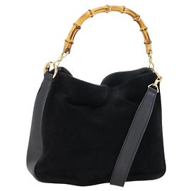 Bolsa de mão em couro camurça GUCCI Bamboo 2 em 1 Preto Ouro 001 3444 1638 Auth th6369