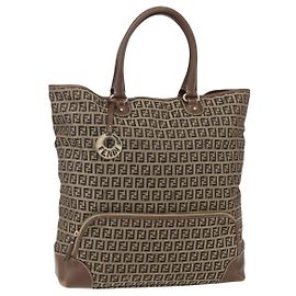 FENDI Zucchino Canvas Tote Bag Beige Gold Auth ep12032