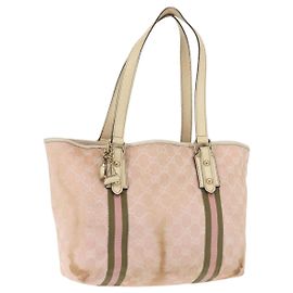 Bolsa tote GG Canvas Sherry Line Gucci Rosa Ouro Caqui 137396 Auth gh999