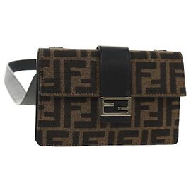 FENDI Zucca Canvas Baguette Schultertasche Schwarz Braun Silber Auth 146069M