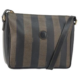 Borsa a Spalla in Tela Pecan FENDI PVC Nero Marrone Oro Auth gh1406