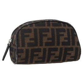 Borsa a mano in tela Zucca FENDI Nera Marrone Auth 154968