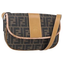 Bolsa de Ombro em Lona Zucca FENDI PVC Preto Marrom Ouro Auth ti3485