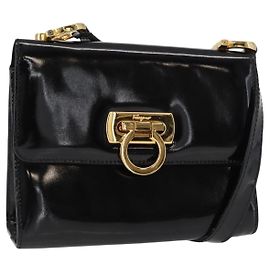 Borsa a Spalla Gancini Salvatore Ferragamo Smalto Nero Oro Auth kk580
