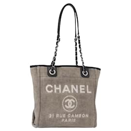 CHANEL Deauville Kette Tote Tasche aus Canvas Grau Silber CC Auth bs31505
