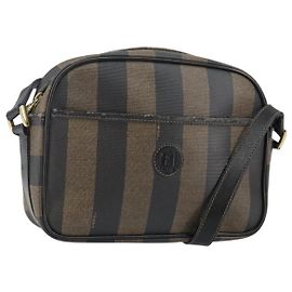 FENDI Pecan Canvas Schultertasche PVC Schwarz Braun Gold Auth hk2973